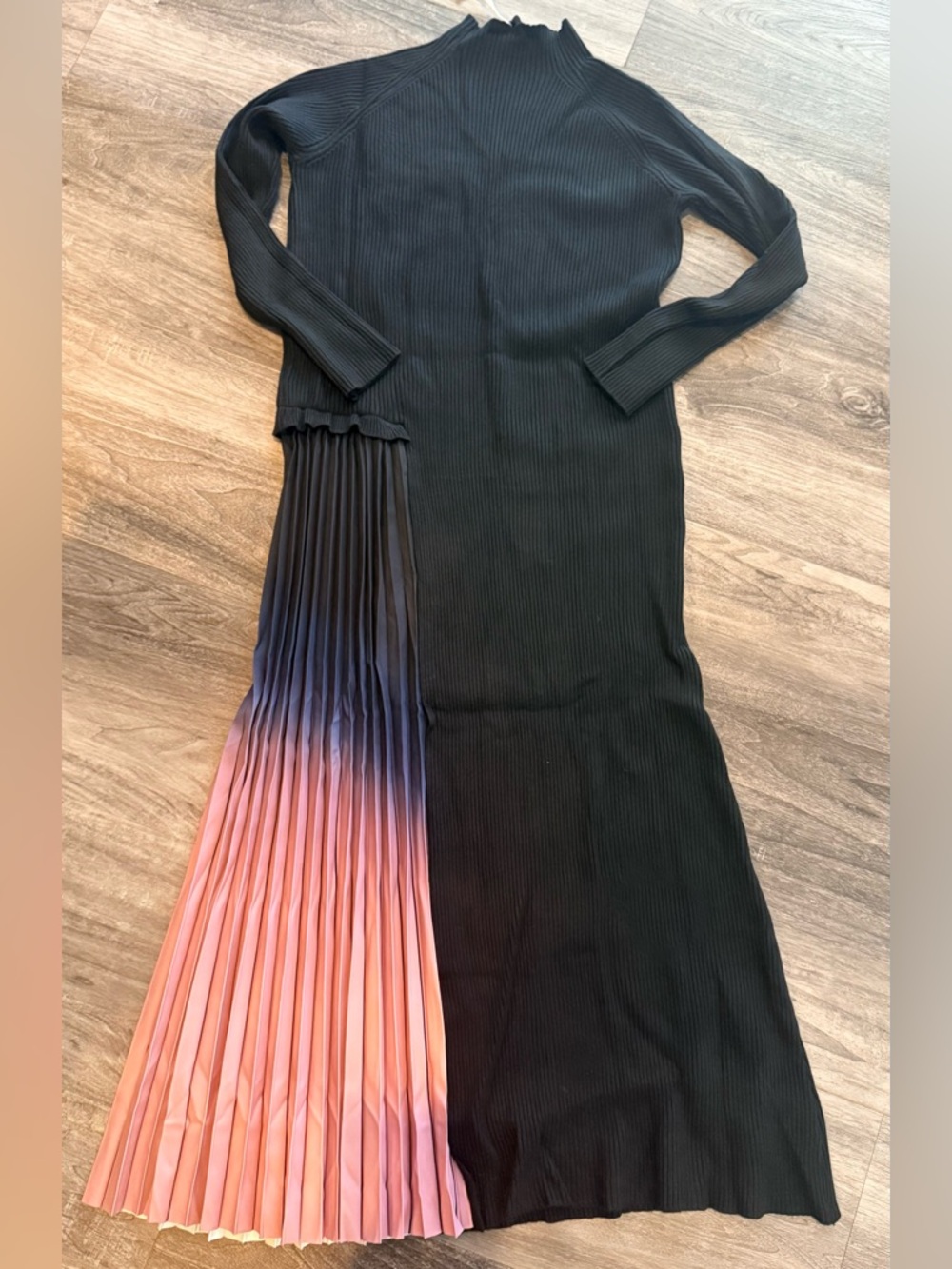DALIA MACPHEE MOCK NECK RIBBED KNIT DRESS WITH PLEAT OMBRE SKIRT M